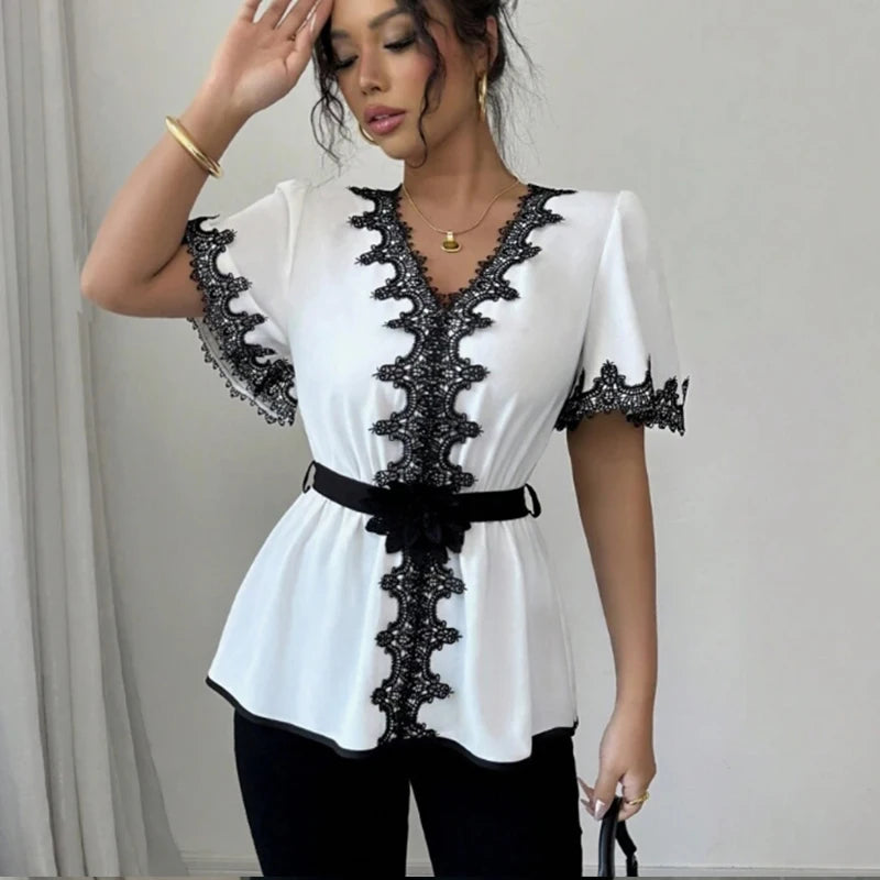 White V-Neck Blouse with Black Lace Trim Belted Peplum Hem