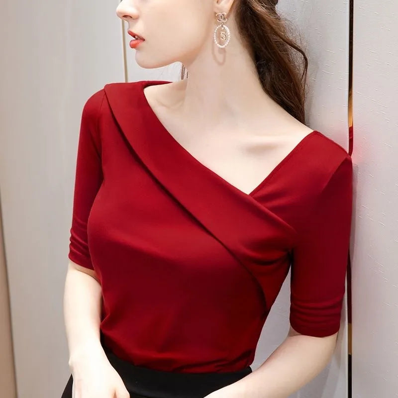 Slim Short Sleeve Skew Collar Sheath Top