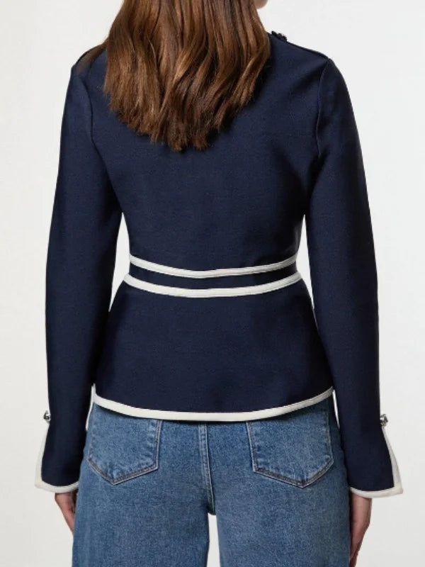 Round-neck Striped Buttoned Zipper  Sweater Jacket