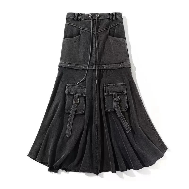 Two Way Detachable Hem Zipper Connection Black Denim Skirt