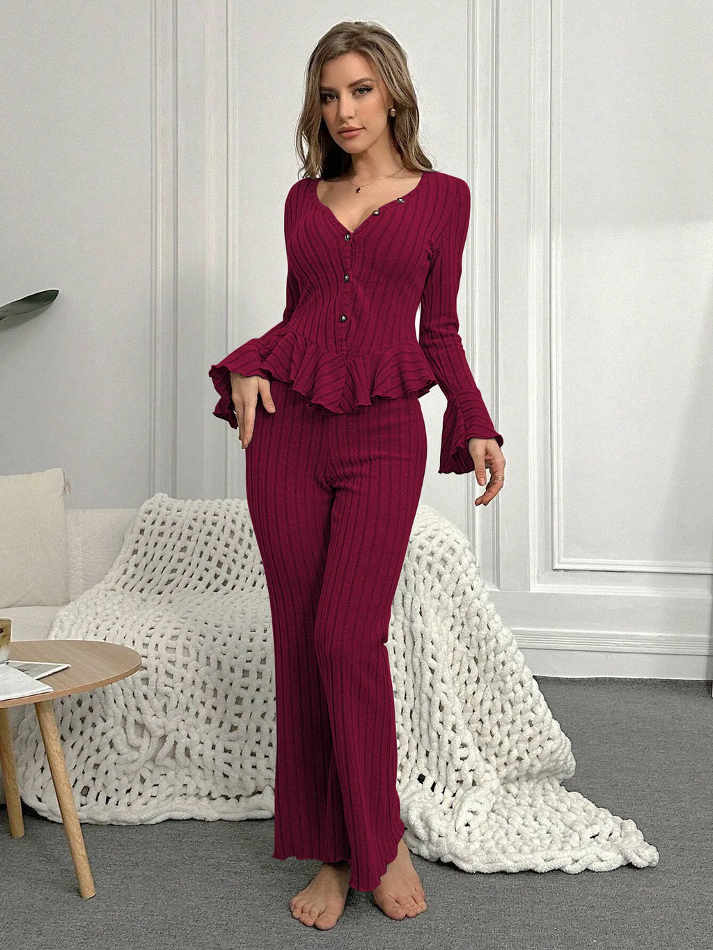 Sexy V Neck Long Sleeve Top and Trouser Loungewear Set