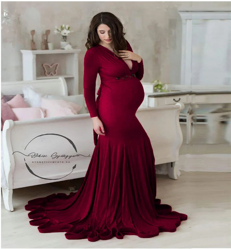 Elegant Long Sleeve V-Neck Photo Shoot Maternity Dress