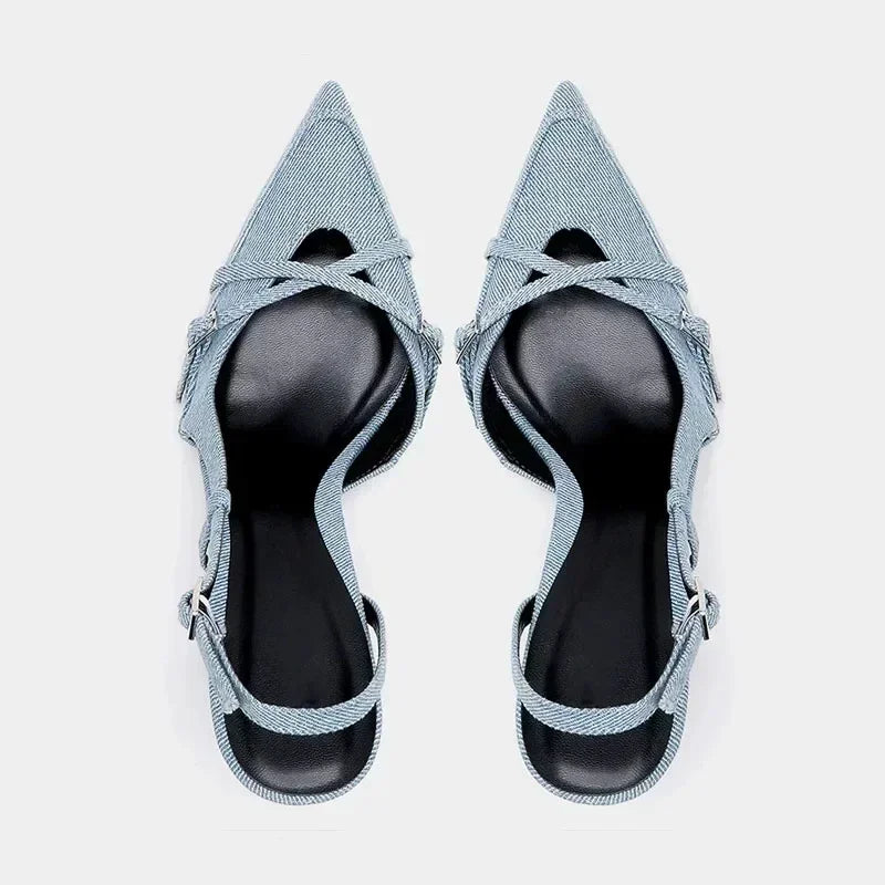 Sexy Pointed Toe High Heel Sandals for Lady Blue Denim Stilettos Fashion Buckle Strap Elegant Women's Shoes 2025 Summer Footwear