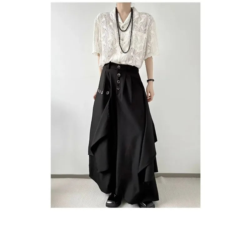 Multi-Button Wide-Leg Culottes Pants