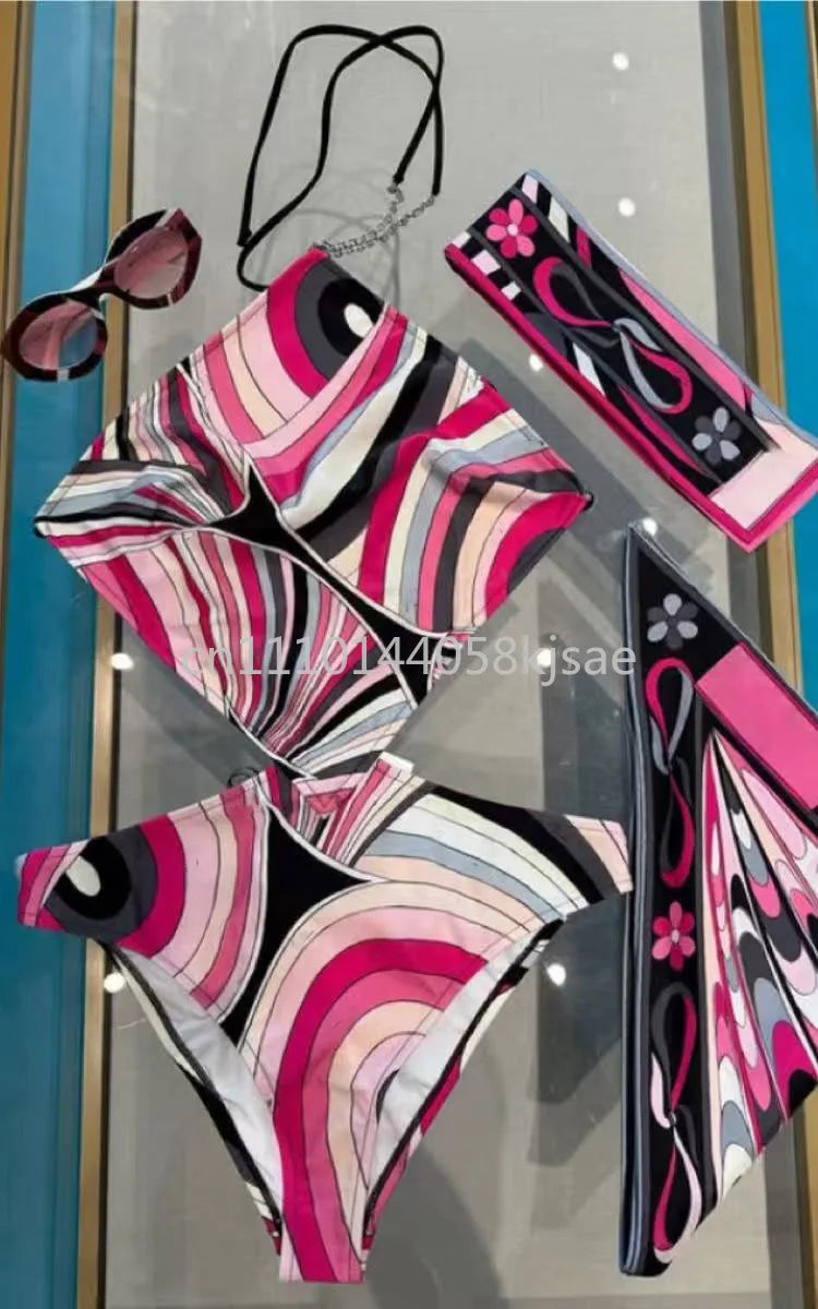Red Scarf Letter Headband Signature Logo Bikini Sets