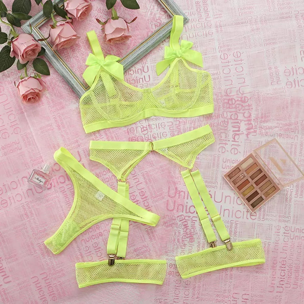 3-Piece Mesh Bra+Thongs+Garter Lingerie