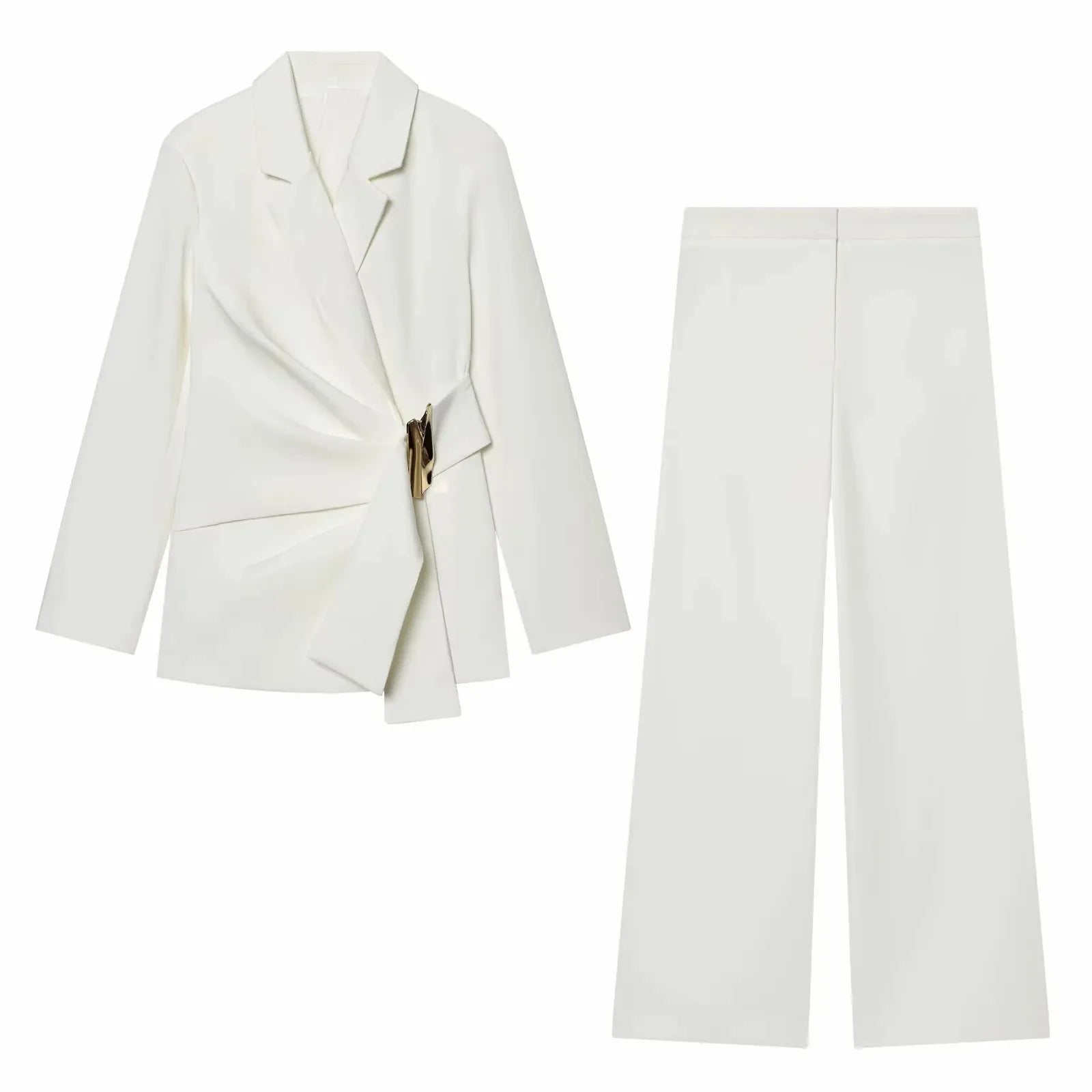 Two-Piece Set Buckle Decoration Suit Pants & Long Sleeve Blazer Coat