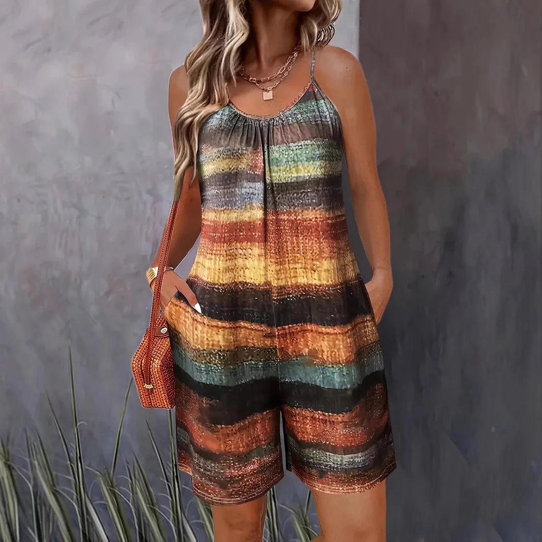 Retro Color-Contrast Literary Print Jumpsuit