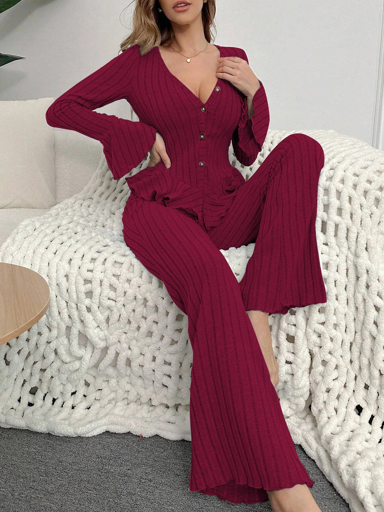 Sexy V Neck Long Sleeve Top and Trouser Loungewear Set