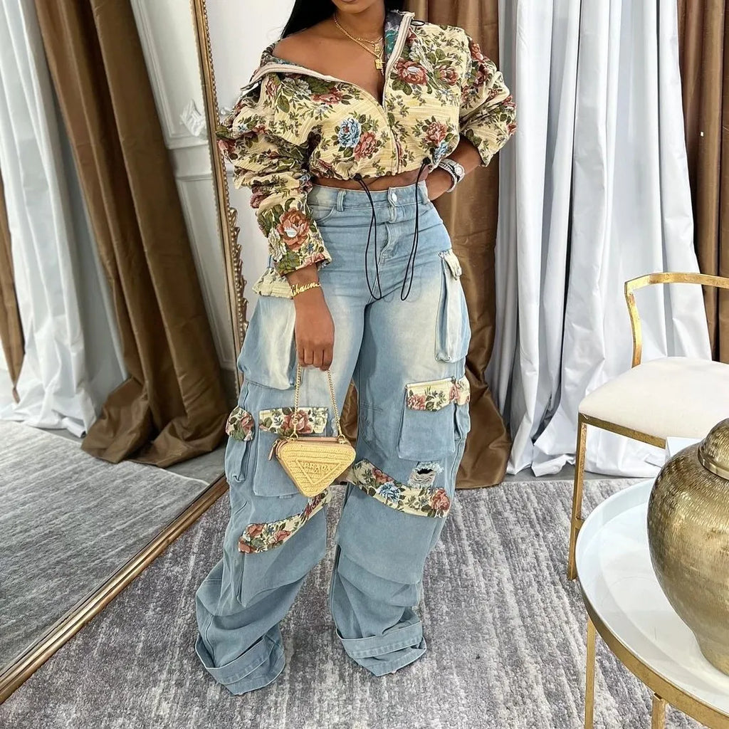 Printed Matching High Waist Straight Jeans Single Breasted Turn Down Collar Set