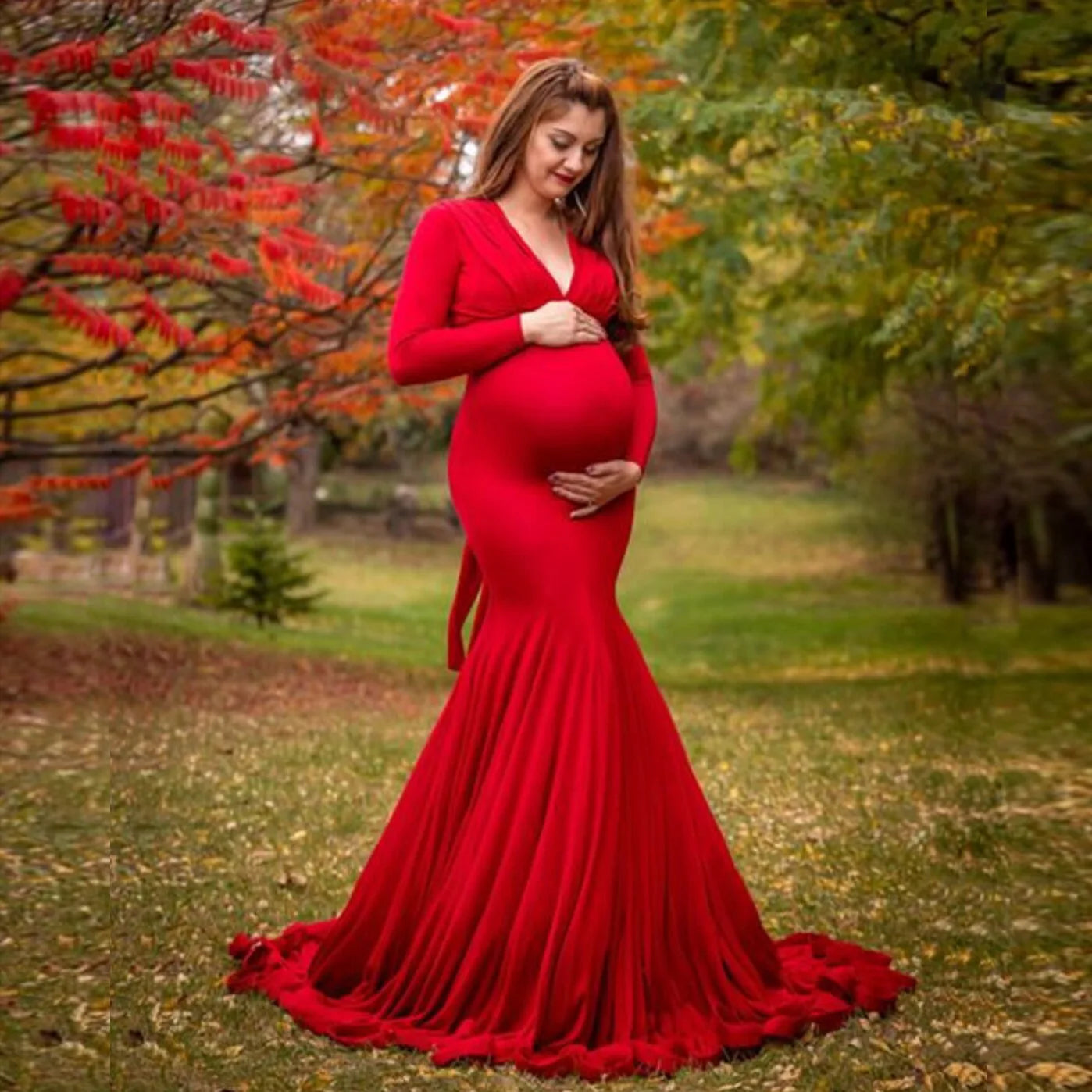 Elegant Long Sleeve V-Neck Photo Shoot Maternity Dress