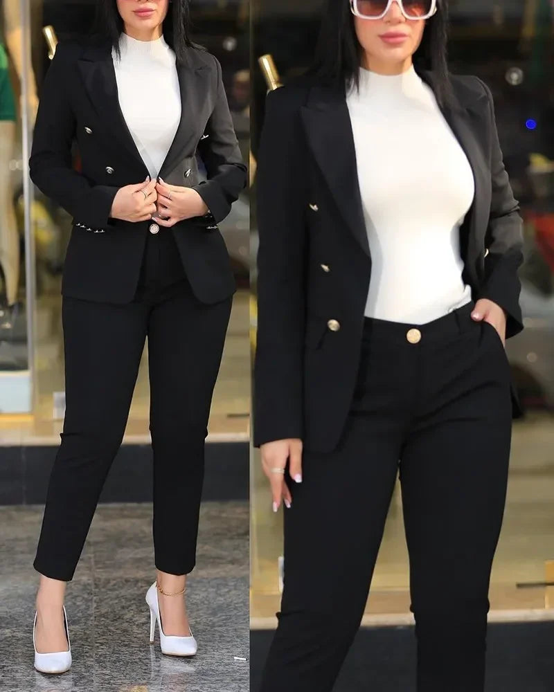 Notched Neck Long Sleeve Blazer & Elegant High Waist Work Pants Set