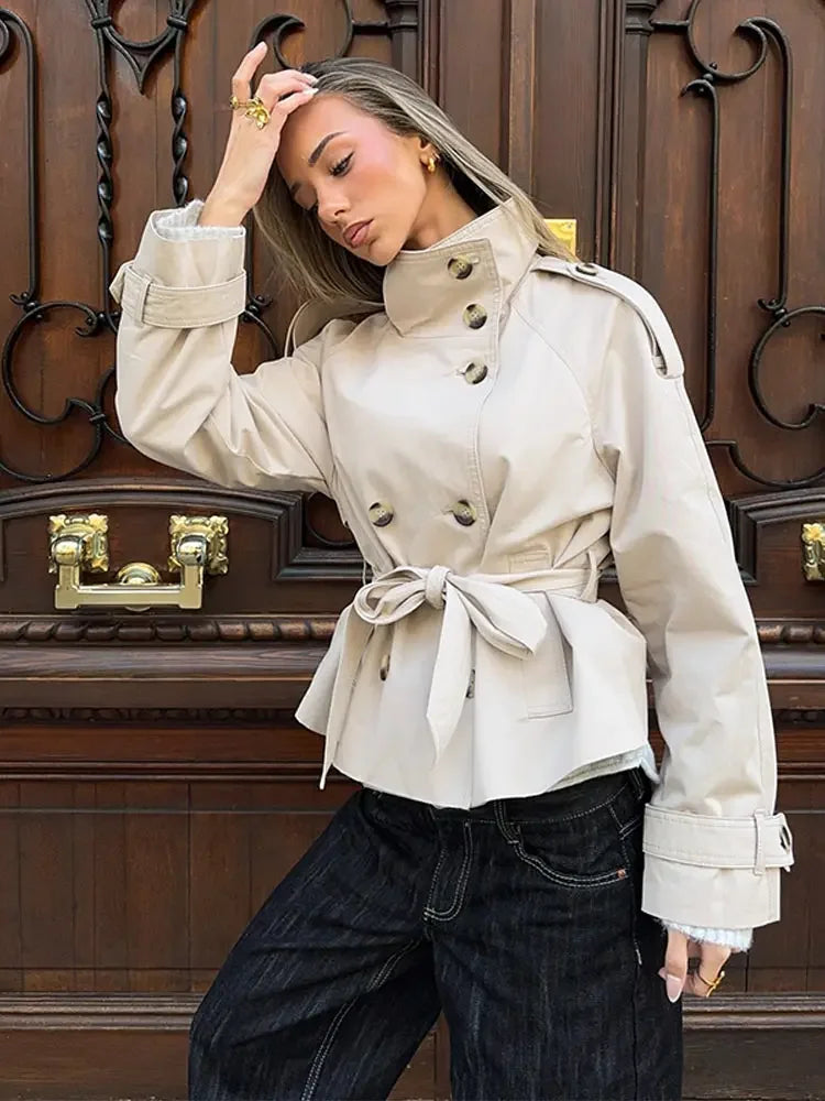 Double Breasted Self-Tie Cropped Trench Coat