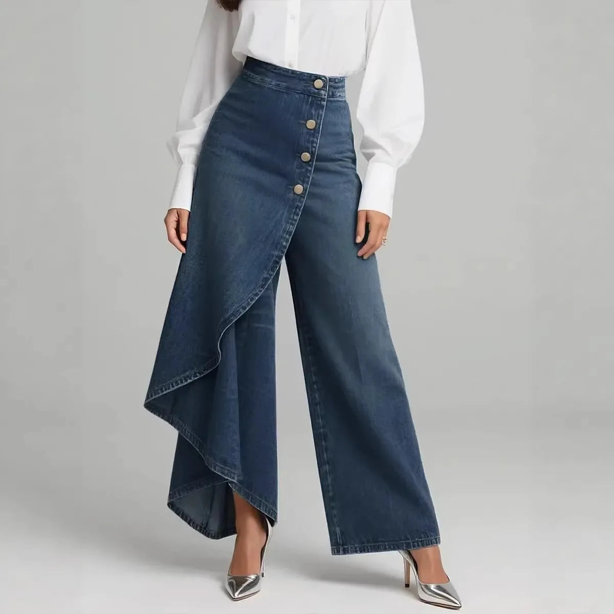 Stretchy Denim Print Button Fly Slim Leg Pants