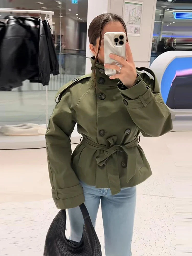 Double Breasted Self-Tie Cropped Trench Coat