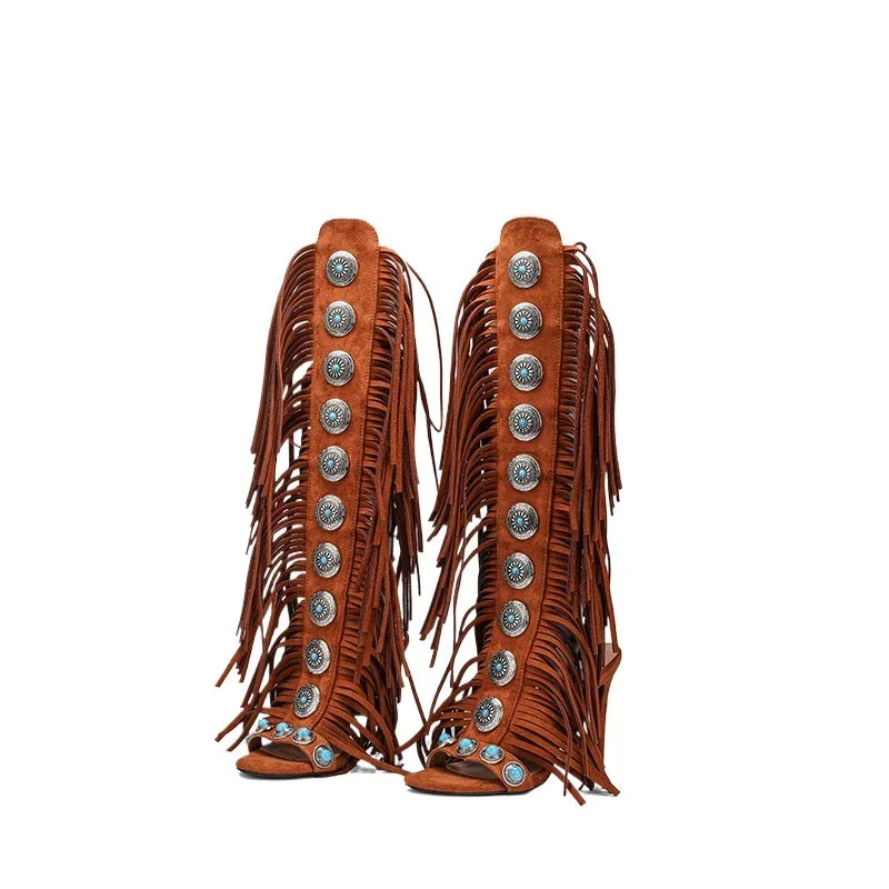 Peep Toe Sexy Lace Up Knee High Heel Shoes