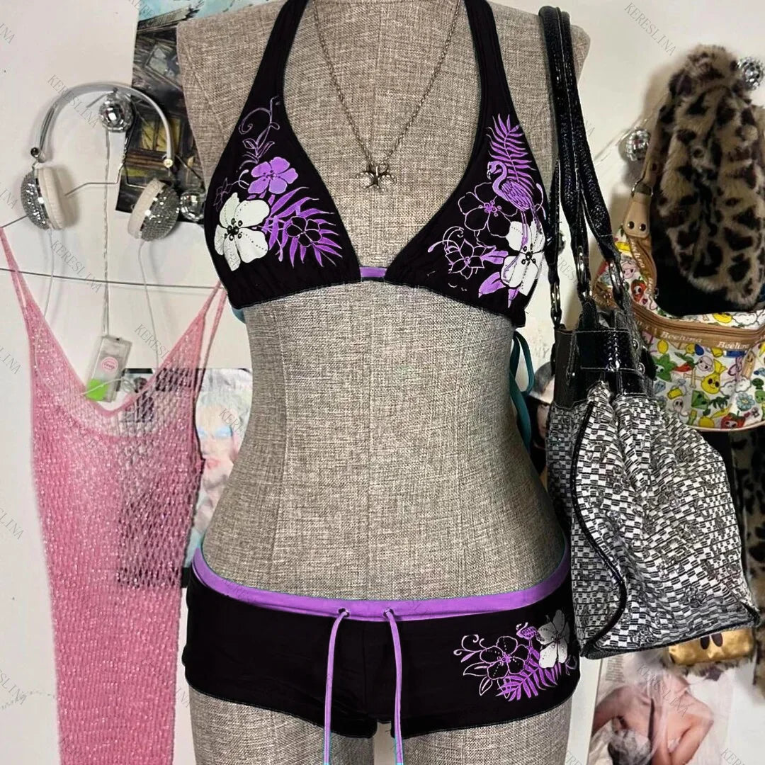 Vintage Flower Print Halter Strap Shorts Bikini