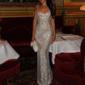 Shiny V Neck Sequin Cocktail Dress Fashion Hollow Sleeveless Split Long Dress