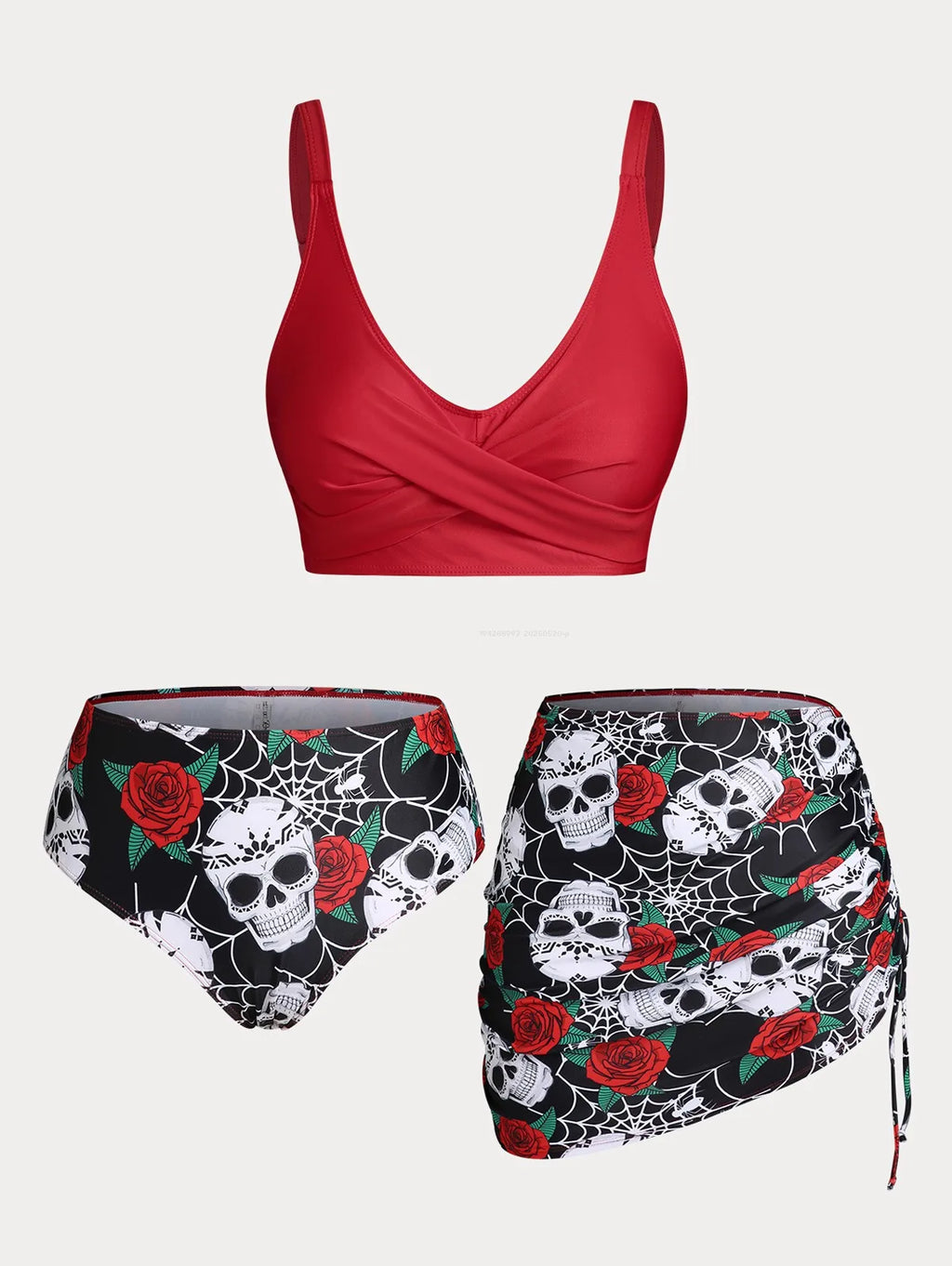 ROSEGAL  Skull Rose Print Crossover Three Piece Swimsuit