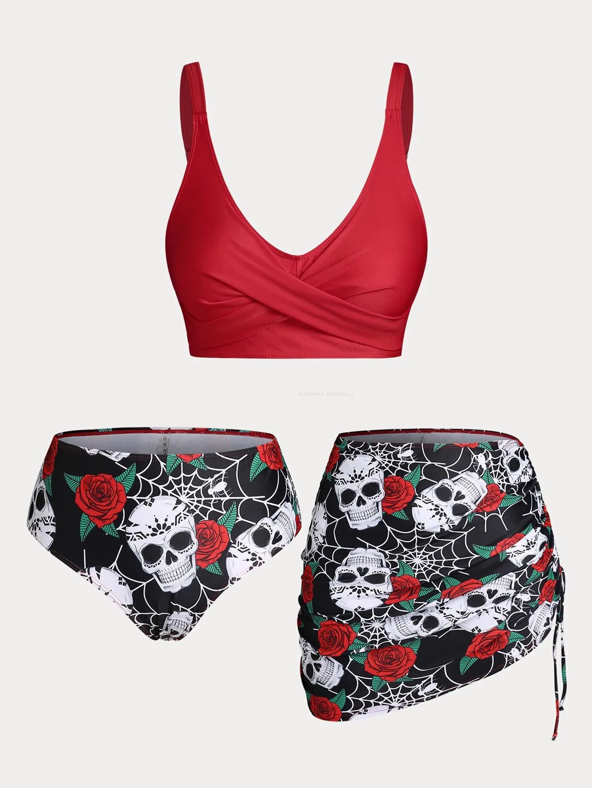 ROSEGAL  Skull Rose Print Crossover Three Piece Swimsuit