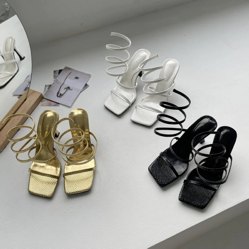 Cross Ankle Narrow Band Square Toe Heels