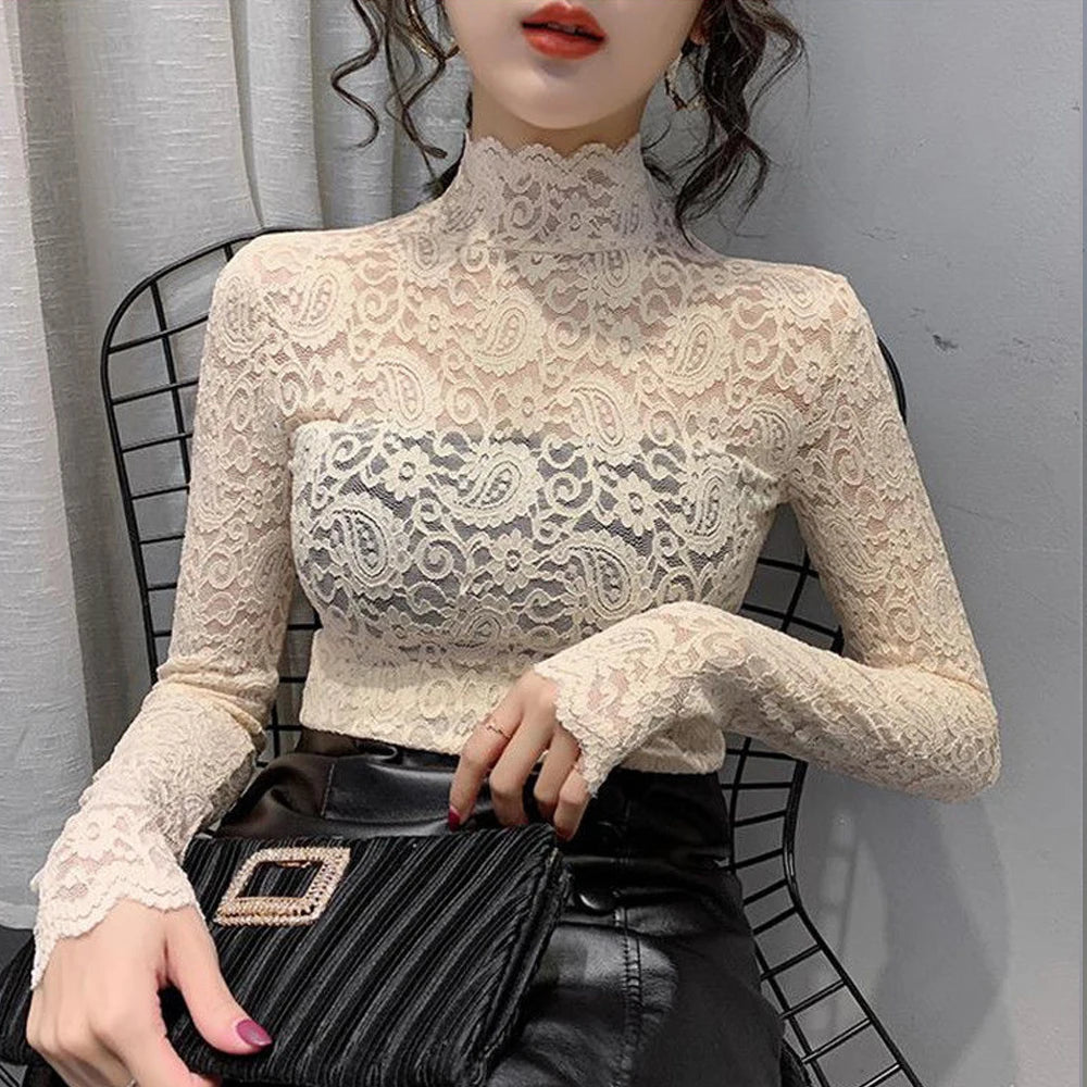 Transparent Lace Stretch Turtleneck Petal Sleeve Blouse