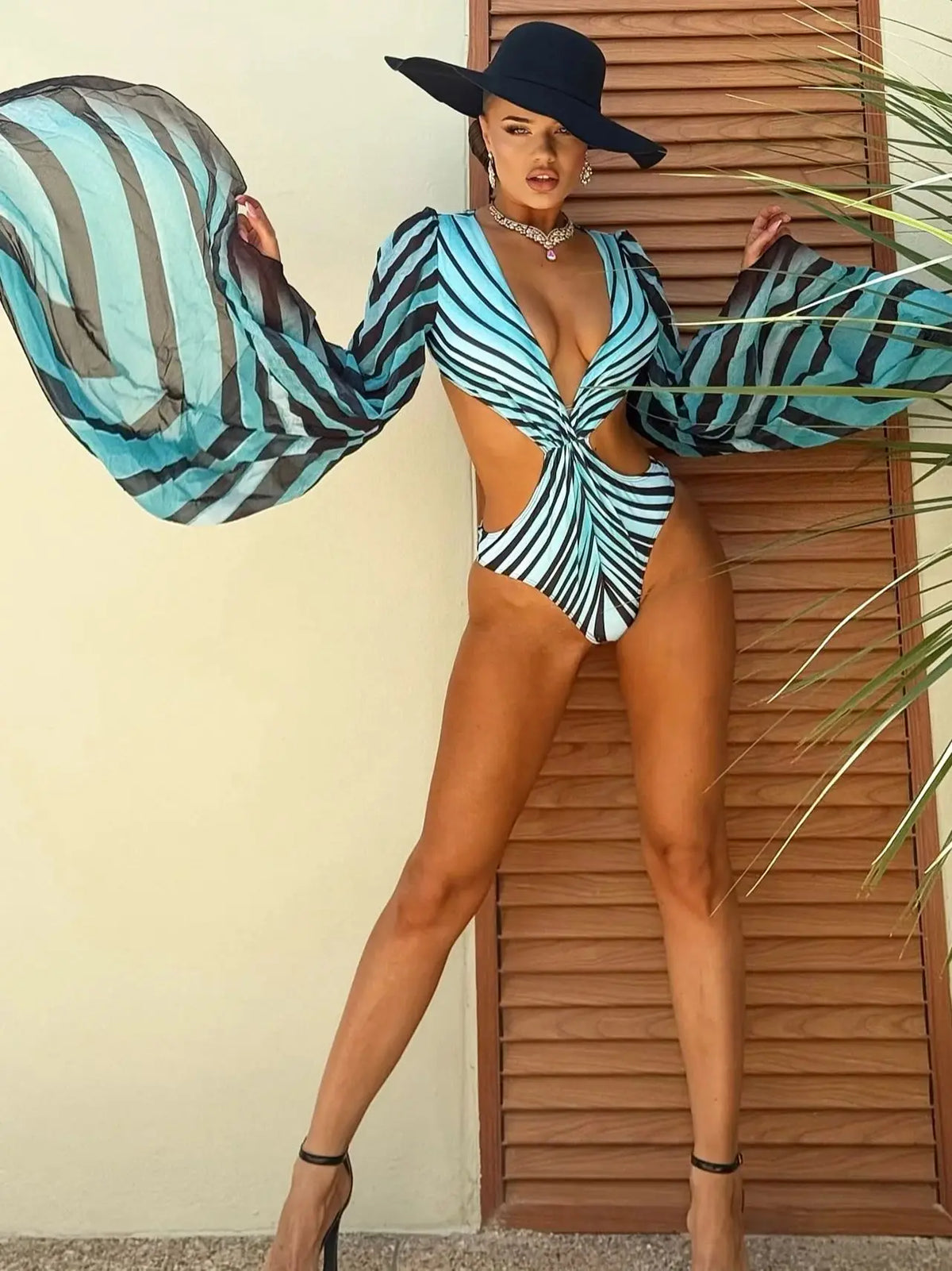 Printed Fan Sleeved Cut Out Swimsuit