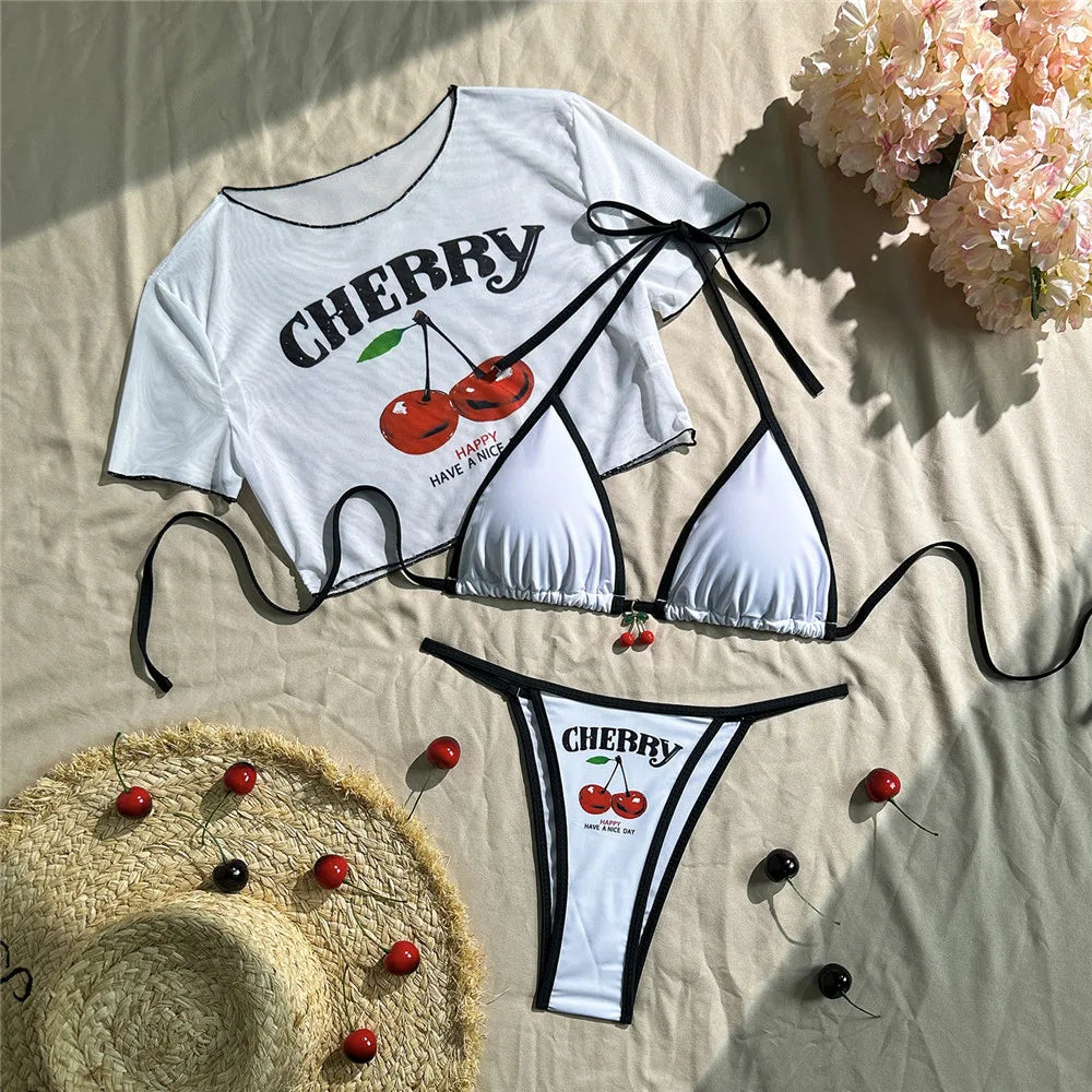 Cute Cherry Print Halter String Cover Swimwear