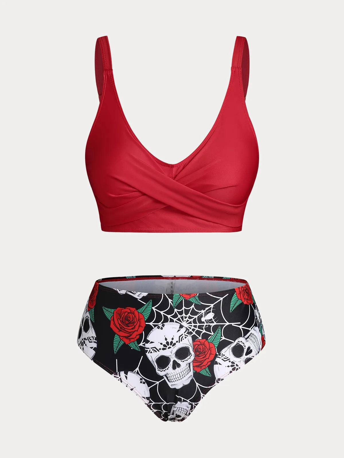 ROSEGAL  Skull Rose Print Crossover Three Piece Swimsuit
