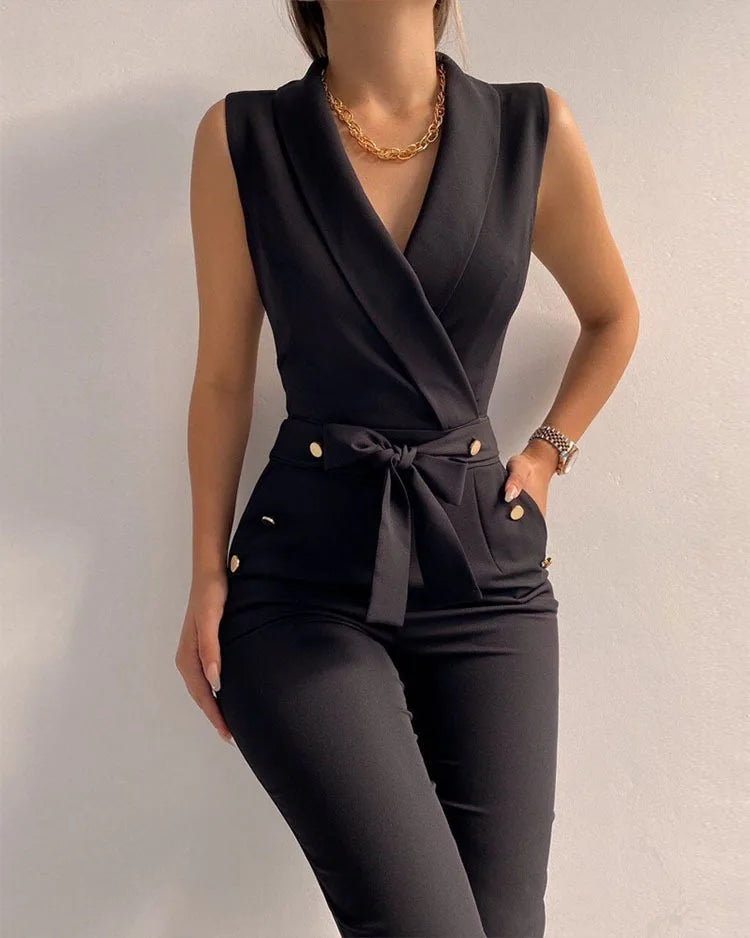 Sleeveless V-neck High Waist Belt Jumpsuits