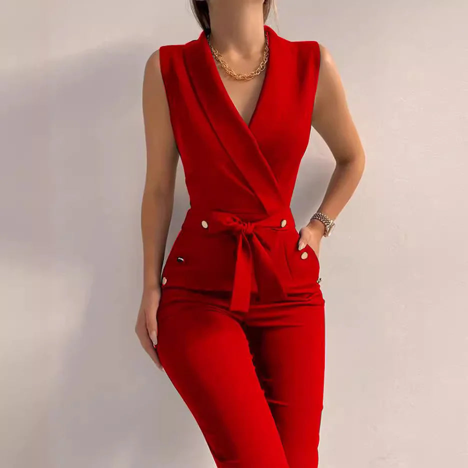 Sleeveless V-neck High Waist Belt Jumpsuits