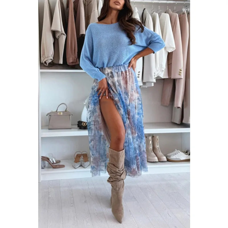 Chiffon Long Elastic High Waist Print Pleated Tulle Skirt