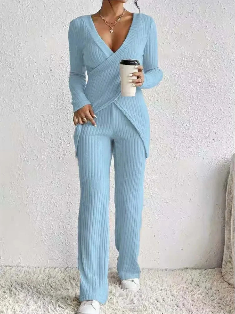 V Neck Slim Cross Tops+High Waist Pants Set