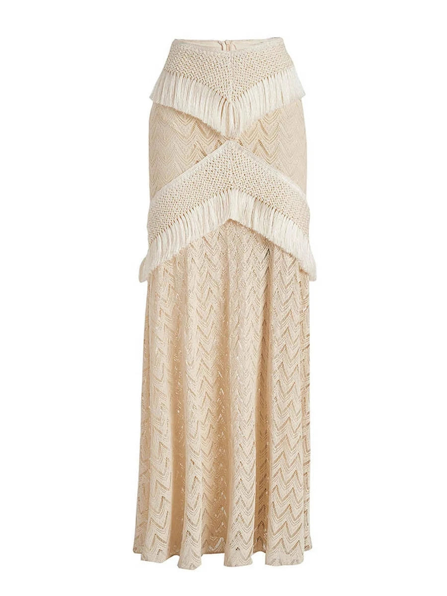 TWOTWINSTYLE Solid Slimming Sheer Spliced Tassel Knit Skirt