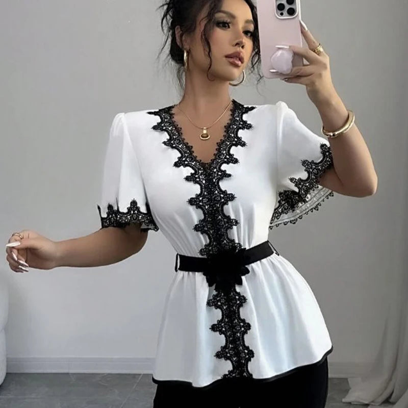 White V-Neck Blouse with Black Lace Trim Belted Peplum Hem