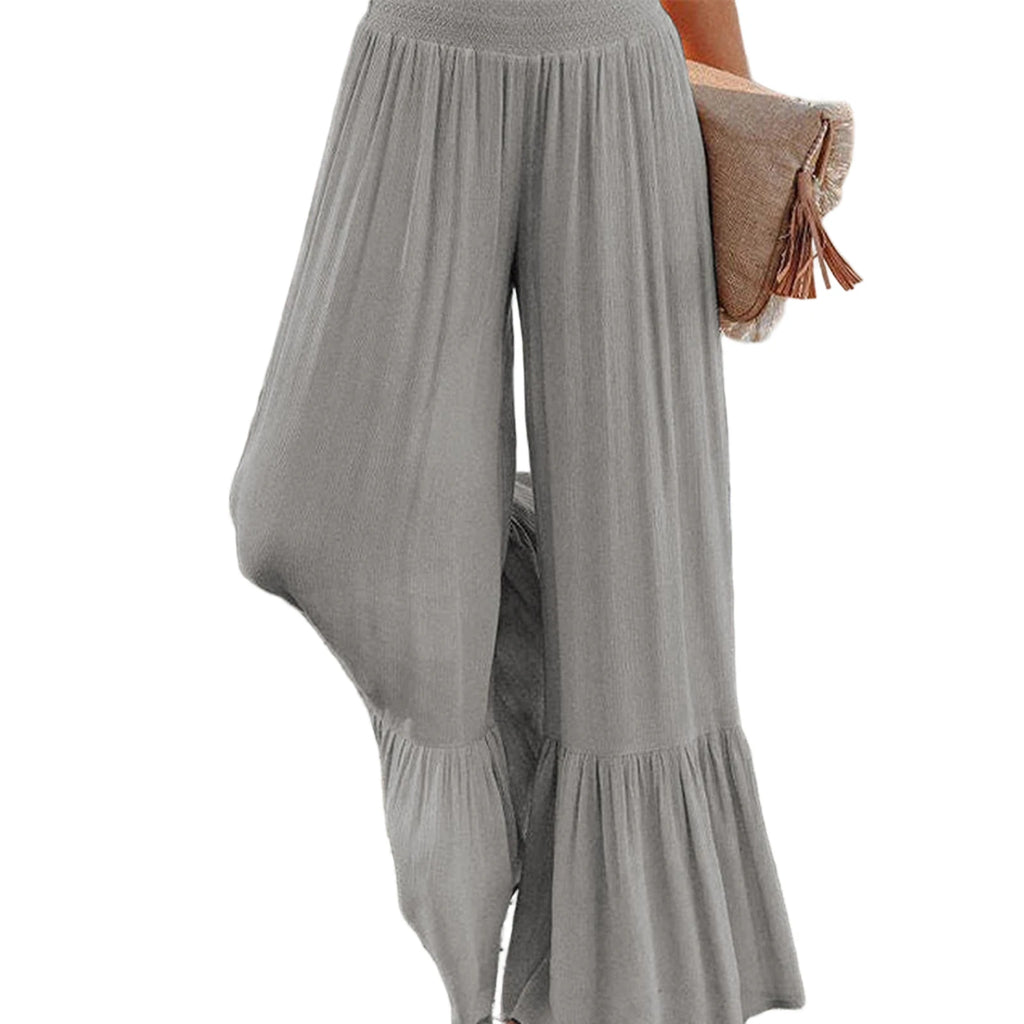 Plus Size Solid Color High Waist Cinched Wide-Leg Casual Pants Daily Wear Loose Fit Stylish Versatile Soft Fabric Long Trousers