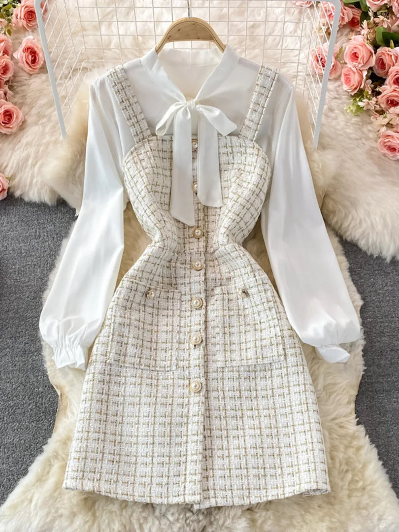 Bowtied Collar White Blouse Mini Tweed Dress