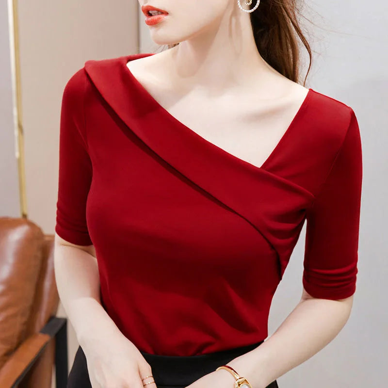 Slim Short Sleeve Skew Collar Sheath Top