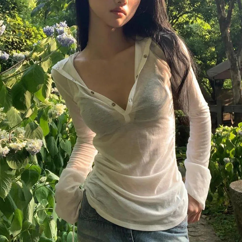 See-Through Hooded Long-Sleeve Top