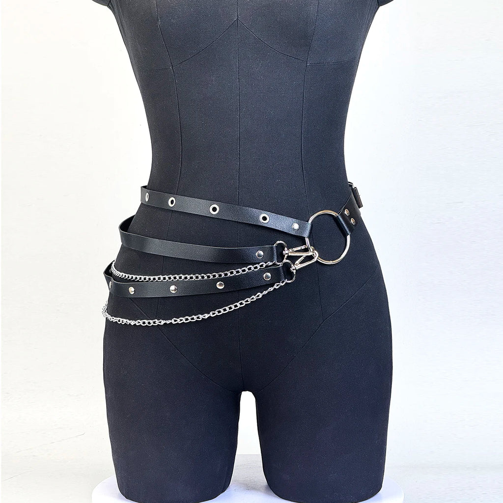 PU Leather Adjustable Street Style Belt With Chain Garter Waist