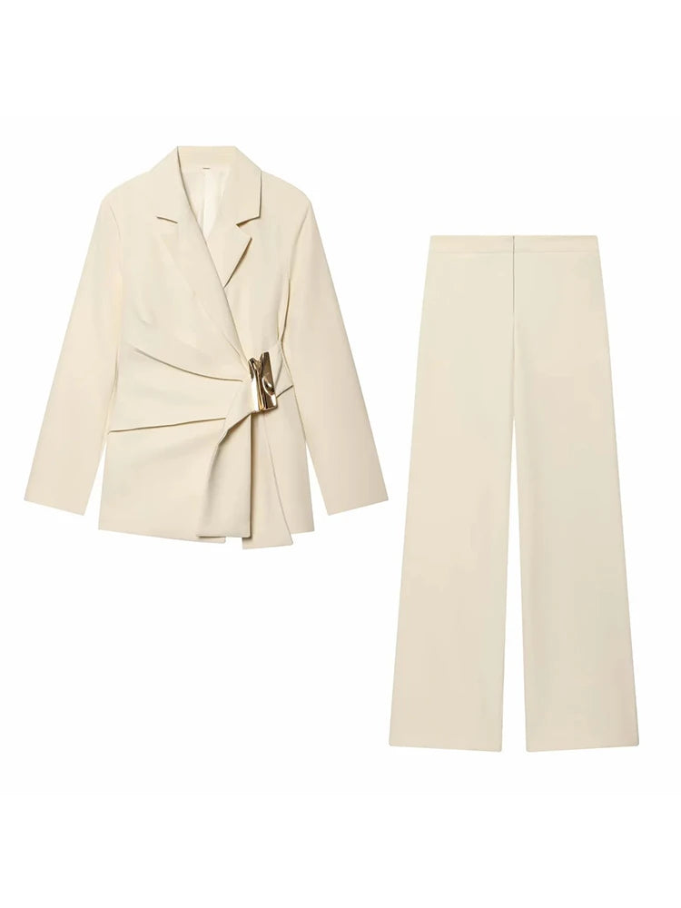 Two-Piece Set Buckle Decoration Suit Pants & Long Sleeve Blazer Coat