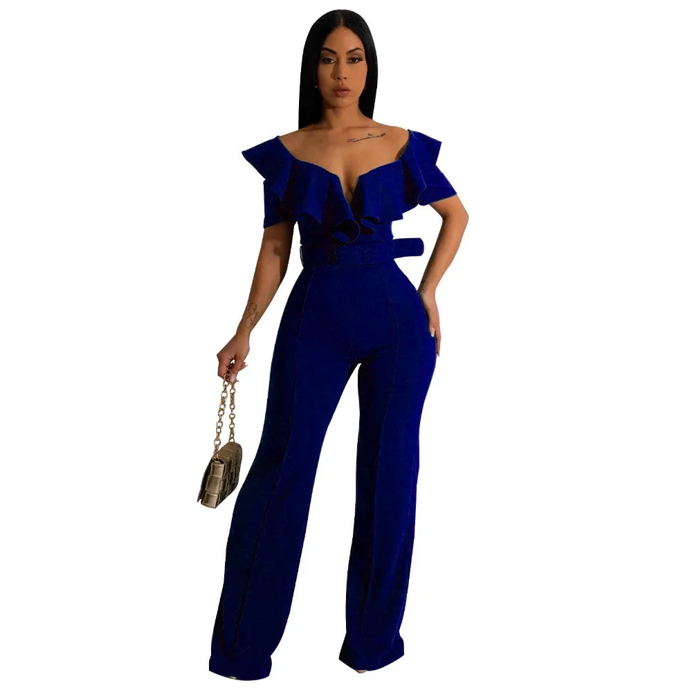 Ruffle Edge V-neck Fitted Waist One-piece