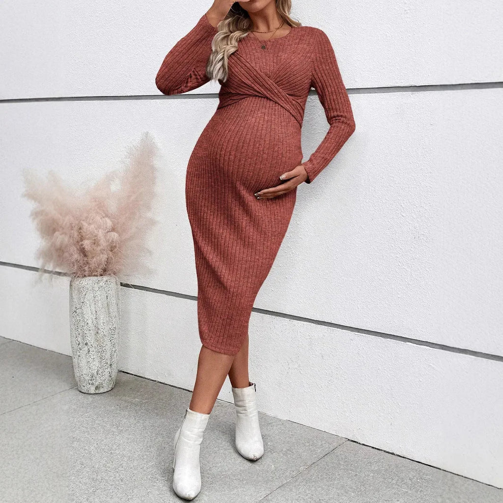 Maternity Dress Long-sleeved Dress for Pregnant Women Elegant Knotted Slimming Pregnancy Dresses Long Sleeve Maternity Clothes