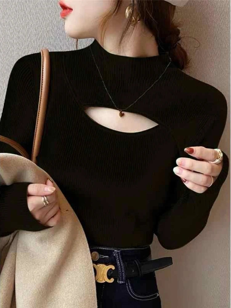 AOSSVIAO Hollow-out Knitted Women Sweater Ribbed Turtleneck Pullovers Autumn Winter Basic Women Sweaters Slim Fit Soft Warm Tops