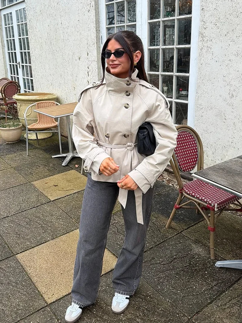 Double Breasted Self-Tie Cropped Trench Coat