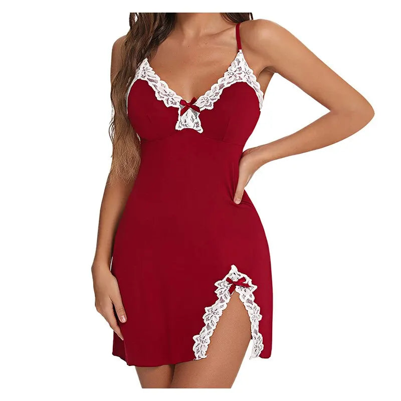 Lace Silk  Split Hem Satin V-Neck Nightgown