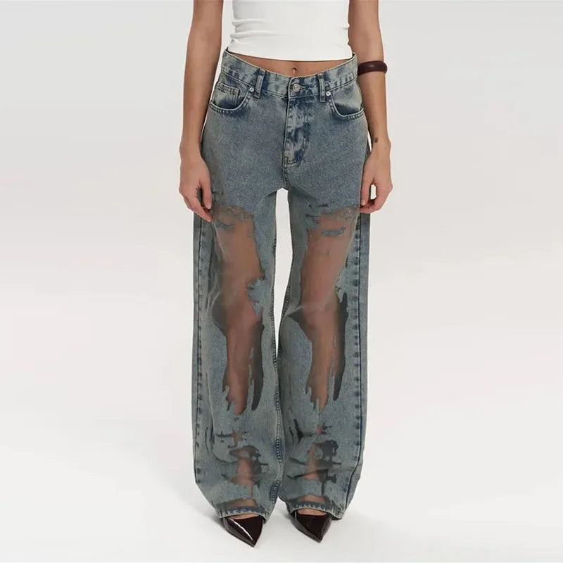 Hollowed Out Gradient Wide Leg Jeans