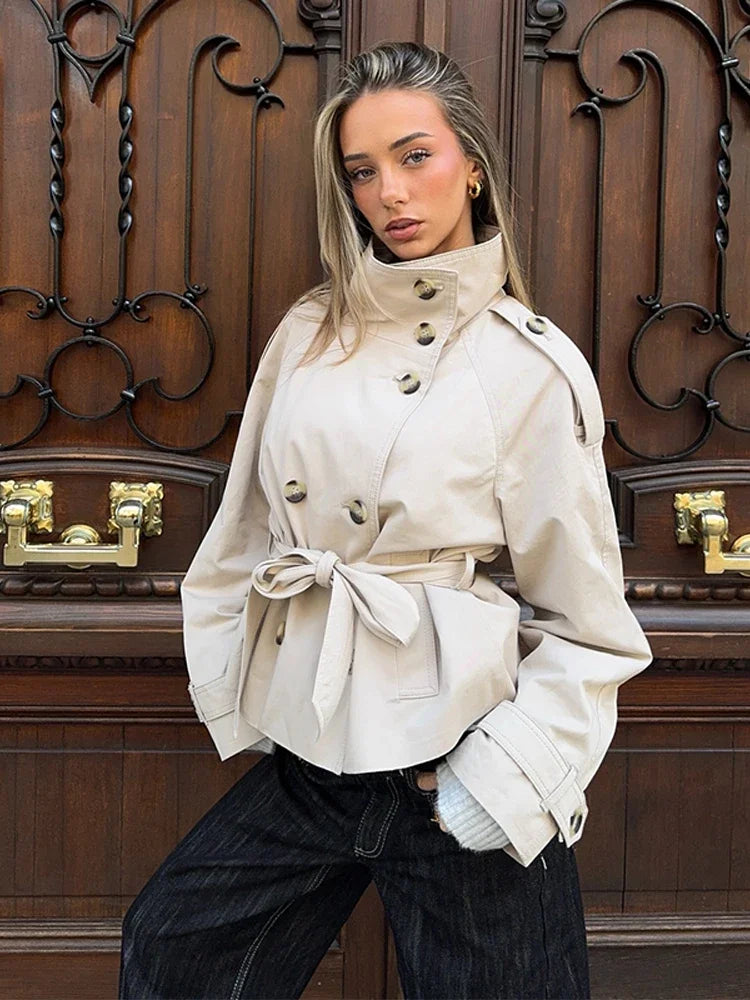 Double Breasted Self-Tie Cropped Trench Coat