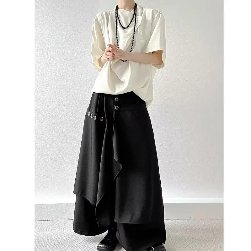 Multi-Button Wide-Leg Culottes Pants