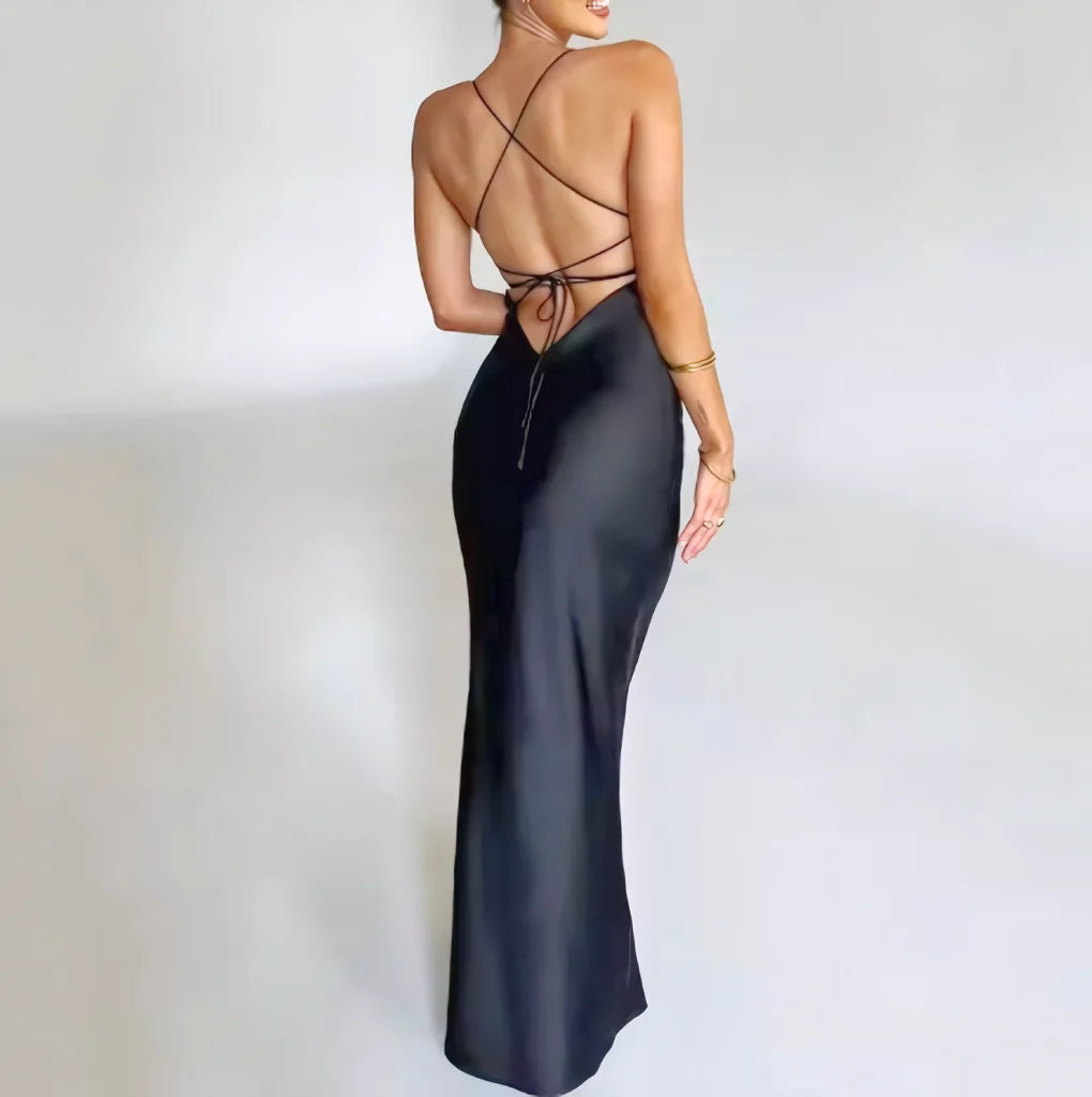 Cinched Waist Halter Satin Backless Long Dress